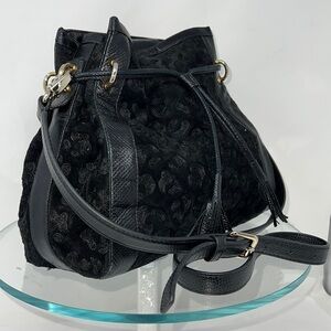 Judith Leiber Black Velvet and Black Embroidery Snake Embossed Trim Shoulder Bag